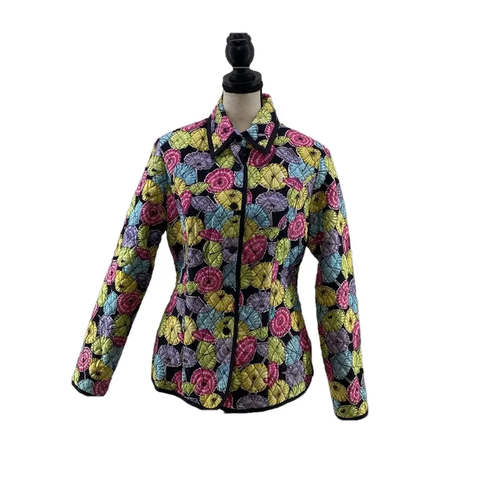VTG—SILKLAND—Umbrella Print Silk Quilted Beaded Lined Button Up Jacket—Sz Small - Picture 6 of 16